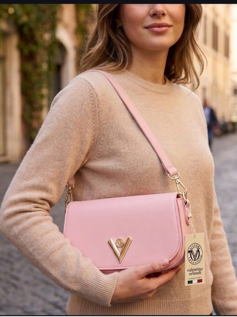 Valentino Orlandi Pink Leather V-Logo Crossbody Bag